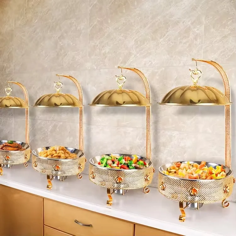 

Hotel Restaurant Supplies Chafing Dish Buffet Set Gold Buffet Serving Large Capacity Food Warmers With Hanging