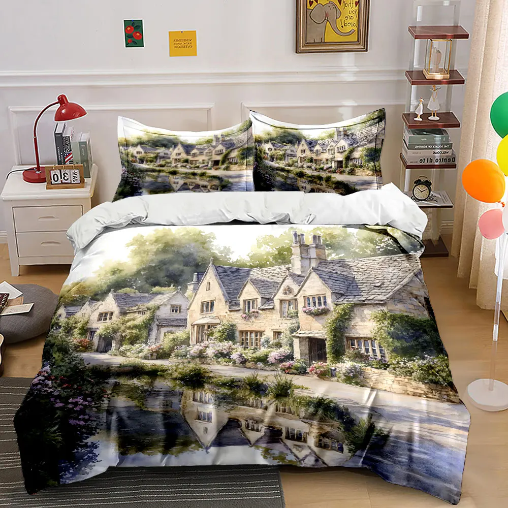 Rustic countryside stone houses by the lake Print Bedding set 3PC 1 duvet cover 2 pillowcases adult and children bedding set