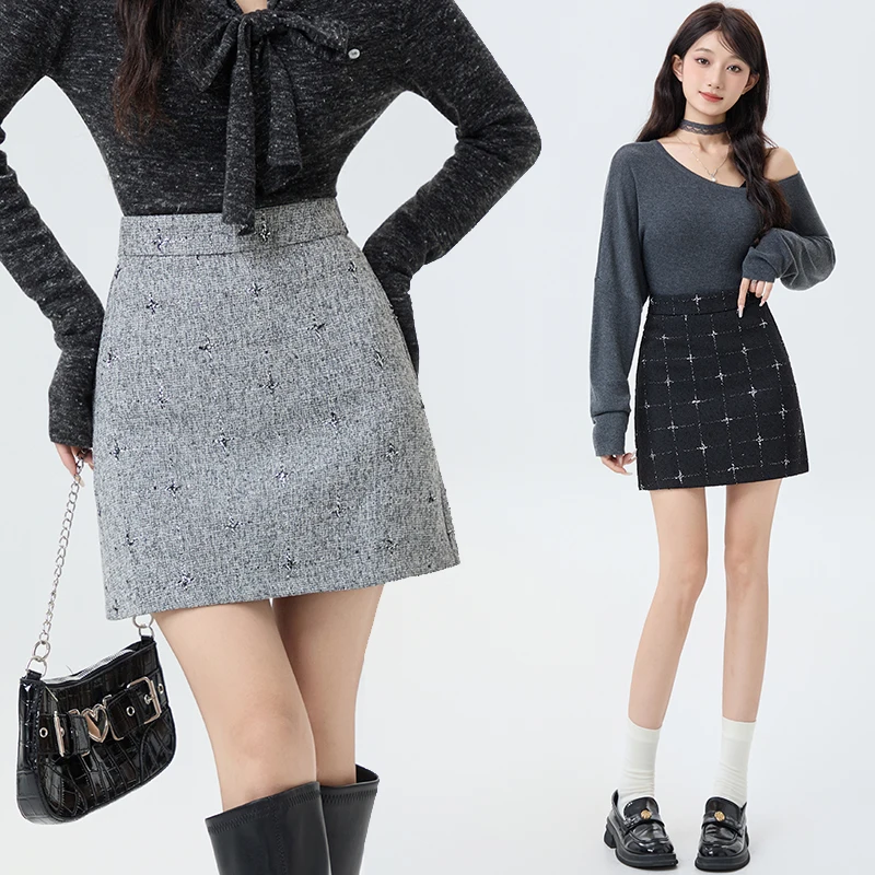 Saia feminina xadrez mini cintura alta uma linha coreano pequena fragrância cor contrastante cor sólida versátil saco de quadril saia inverno
