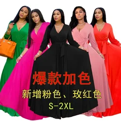 Customized Women Elegant Dress Large Big Size 2XL XL High Waist Full Sleeve V Neck A Line Floor Length Evening Night Party Long
