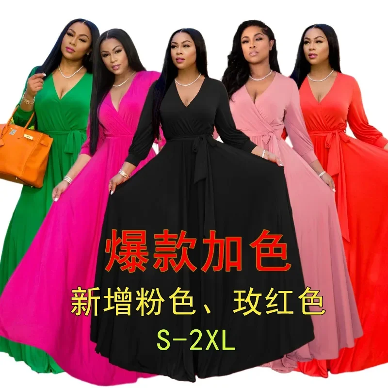 Women Elegant Dress Large Big Size 2XL XL High Waist Full Sleeve V Neck A Line Floor Length Evening Night Party Long Vestidos