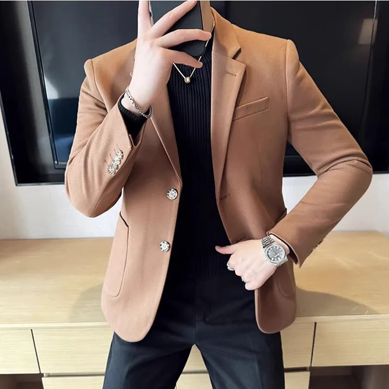 

Autumn Winter New Fine Striped Woolen Suit Jacket Men Casual Business Slim Fit Party Dress Formal Wedding Fashion Suit Coat