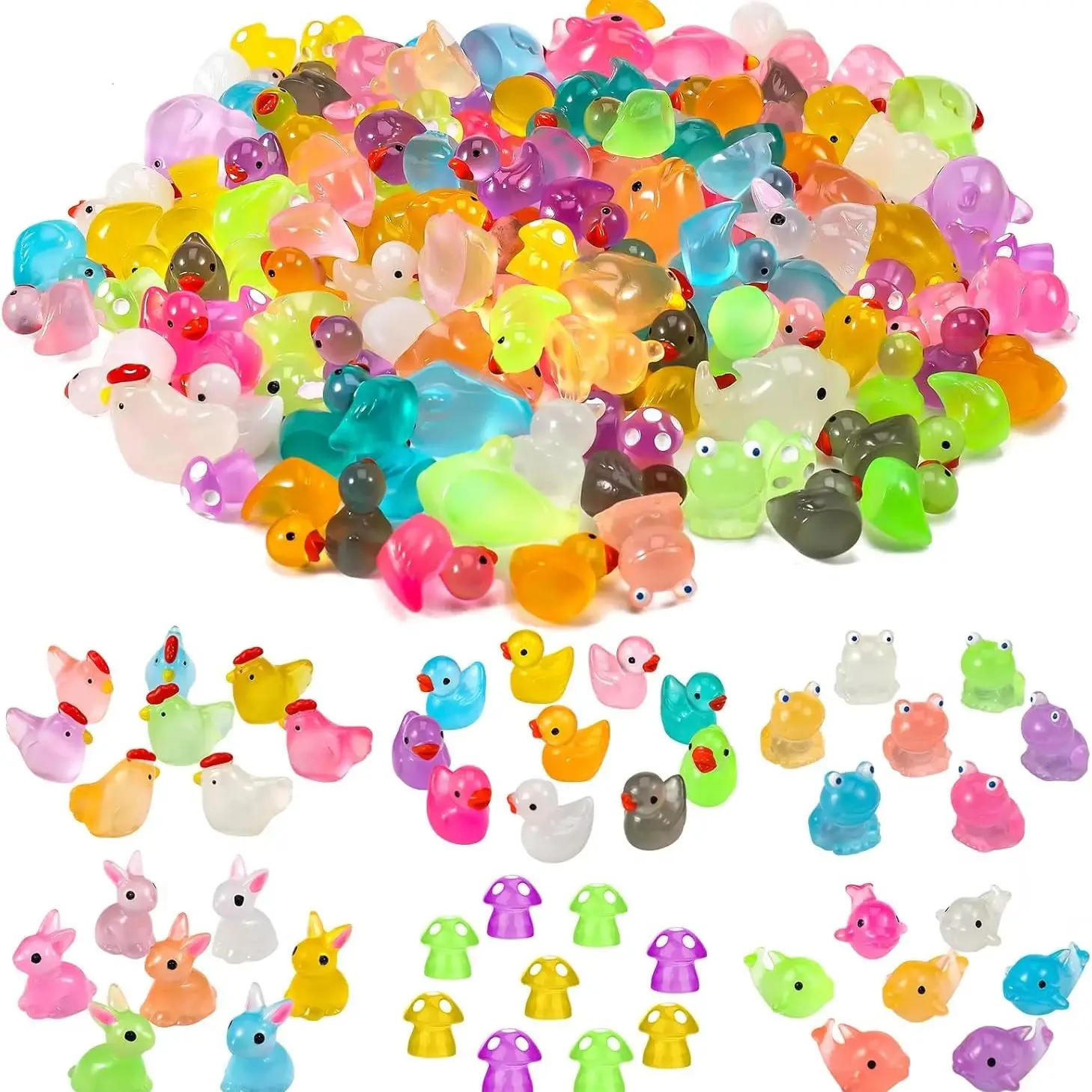 100-Piece Luminous Mini Animal Figures – Glow In The Dark, Resin, Includes Ducks Dinosaurs Dolphins Mushrooms, For Fairy Garden Dollhouse Aquarium Decor