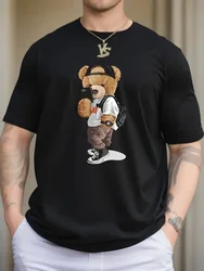 Cartoon Teddy Bear Print, Men's Graphic Design Crew Neck T-shirt, Casual Comfy Tees Tshirts For Summer, Men's Clothing Tops