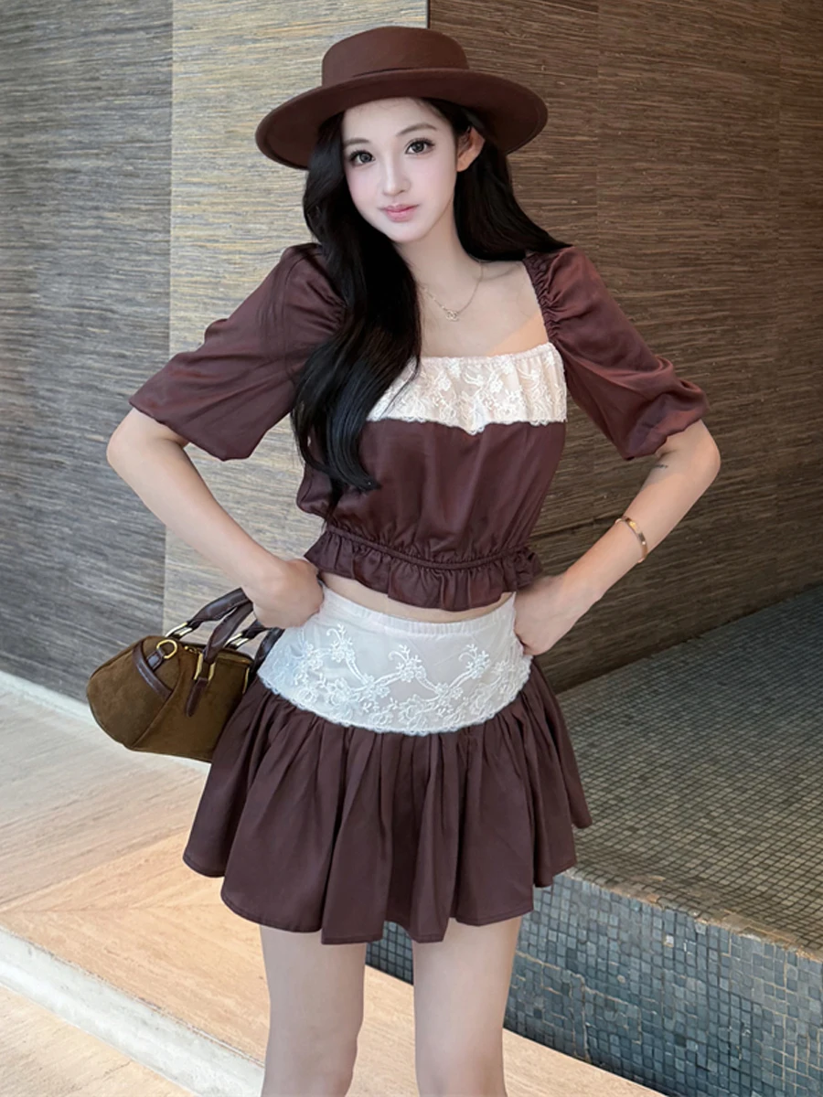 Sexy Lace Splice Bubble Sleeve Design Slim Fit Shirt Top Fluffy Half Skirt Two Piece Set Women's Fashion Casual Wear