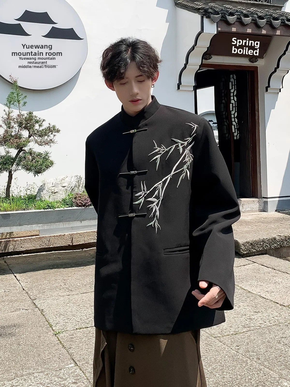 

Loose Fit Men's Jaet Embroidered Bamboo Pattern Chinese Sle Spring Autumn Outerwear Trendy Brand-Free Youthful Casual
