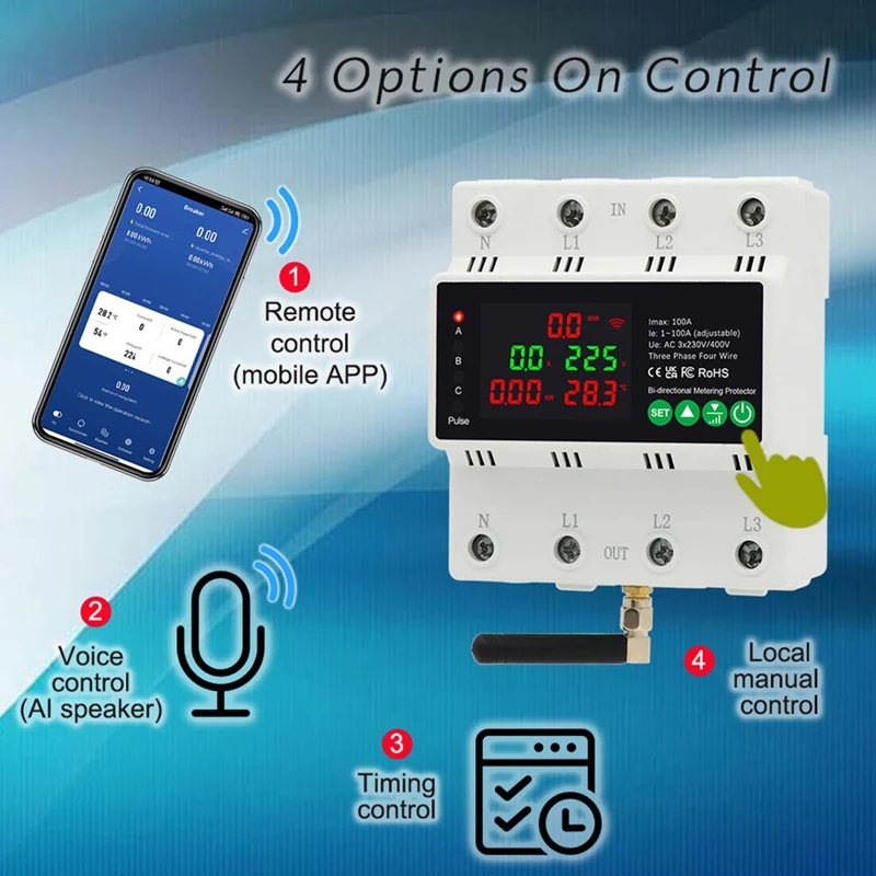 3Phase 4Wire 380V 100A Tuya Wifi Smart Bi-Directional Energy Power Kwh Meter Auto-Reclosing Over Under Voltage Protector