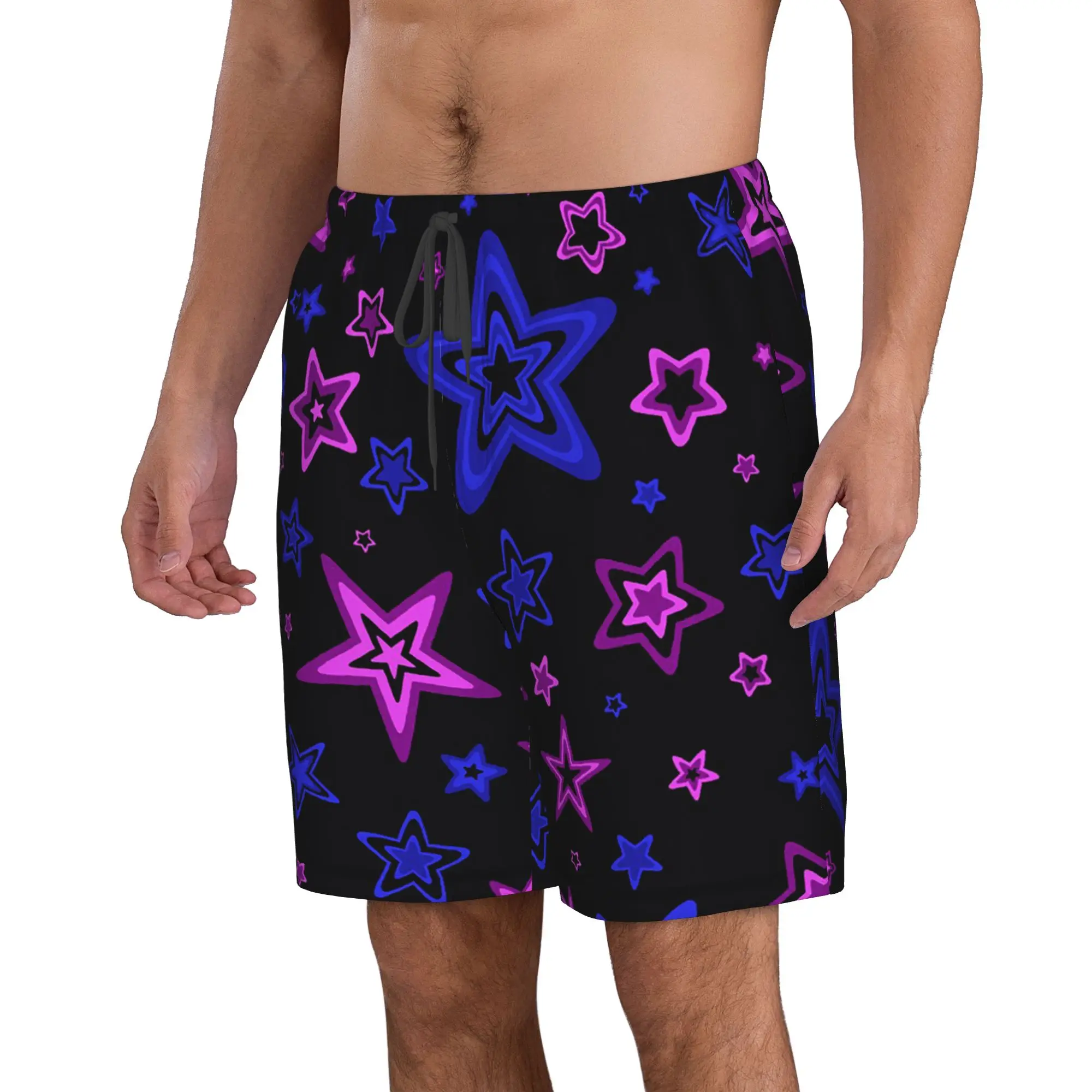 Neon Star Pattern on Black Background Trunks Beach Board Shorts Casual Quick Dry Swim Summer Men Pants