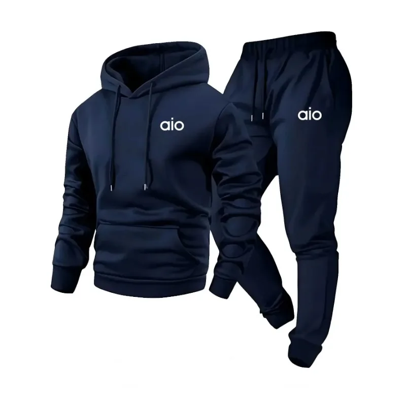 The new man's color block hoodie and sweatpants set, soft fabric waist drawstring, fashionable black and white printed clothes