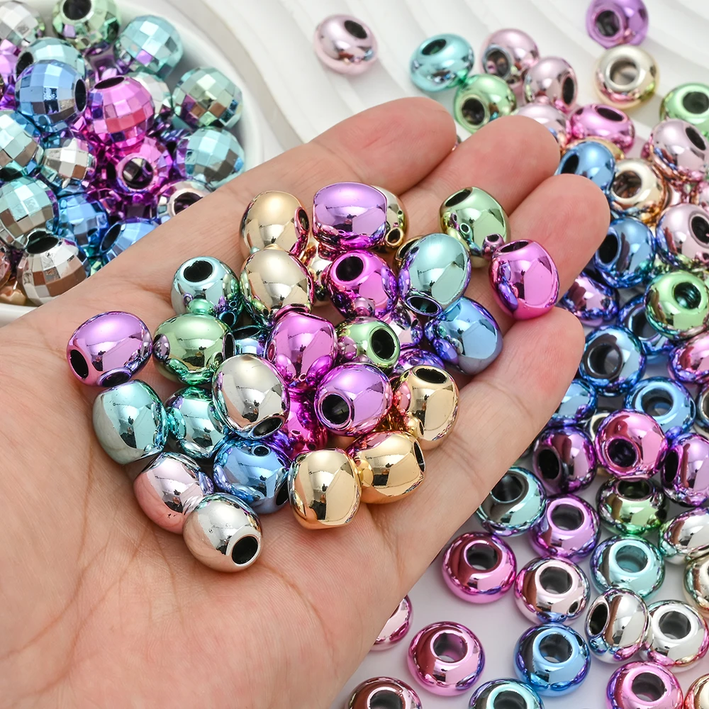 50 Stück CCB Metallische Farbige Acrylperlen Gemischte Farben Großlochige Runde Lose Abstandsperlen für DIY Schmuckherstellung Armband Halskette – Detail 1