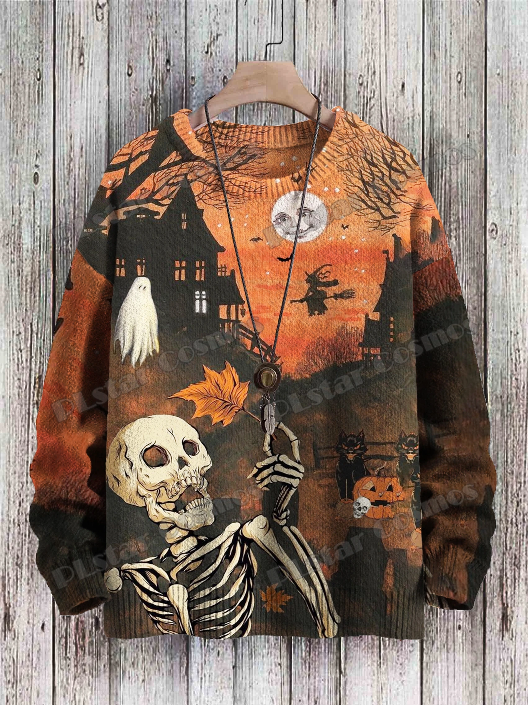 Halloween Ghost With Cat & Vintage Cat Pattern 3D Printed Mens Knitted Pullover Winter Unisex Casual Knit Pullover Sweater ZZM62