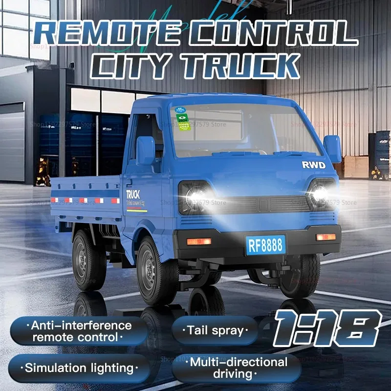 1:18 RC Truck Remote Control Car with Spray and LED Lights Mini Flatbed Cargo Truck Toy Birthday Gift for Kids Boys Girls Child