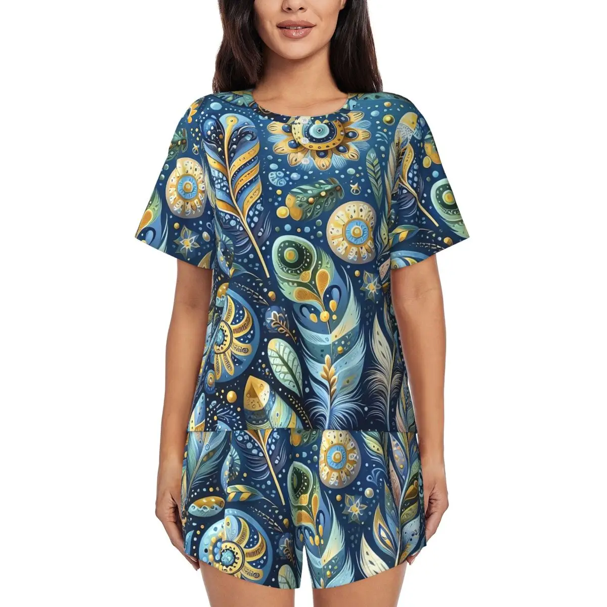 Pijamas de arte popular azul e dourado pena casual o pescoço casa terno feminino 2 peças personalizado manga curta conjunto de pijamas românticos