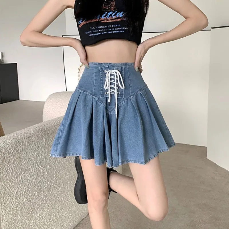 Bandage Denim Mini Rok Voor Vrouwen Zomer Mode Franse Stijl A-Lijn Geplooide Korte Broek Rok Blauw Vintage Kleding Y 2K