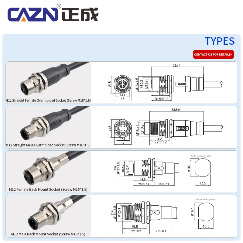 M12 Shielded Panel Back Mount Cable Socket Male Female 2-17 Pin A/B/D code 1/2/5m PVC PUR IP67 for Panel Fixing & Automation