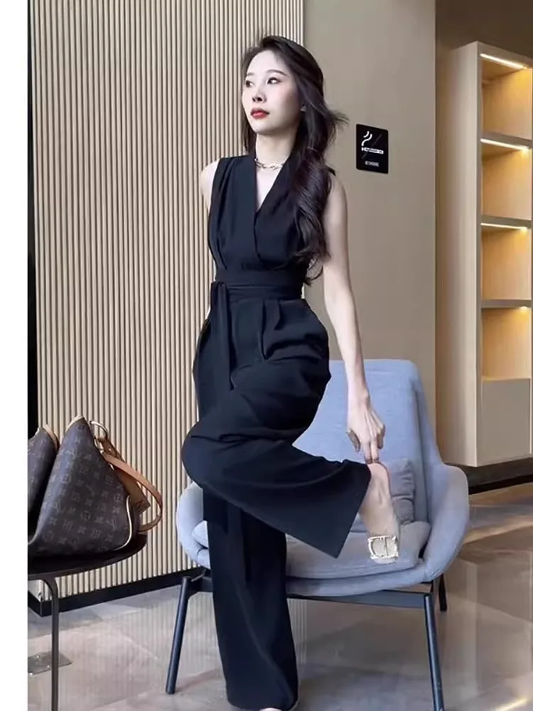 

Ele Bla Slimming High-Waisted Wide-Leg One-Piece Summer Thin Polyester Commute Sle High-Quali Women's Suit