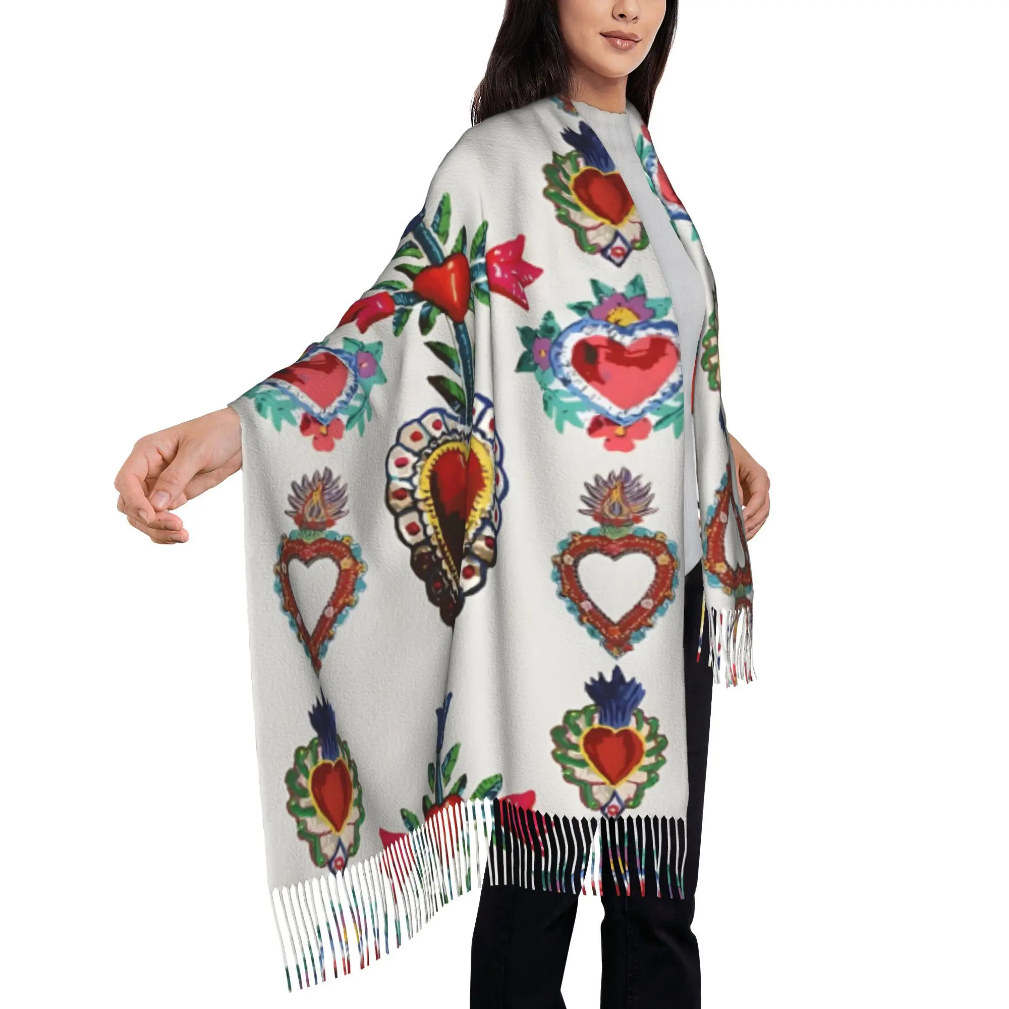 Sacred Tin Red Heart Mexican Folk Bright Maximalist Decoration Milagritos Ladies Tassel Scarf Ladies Shawl