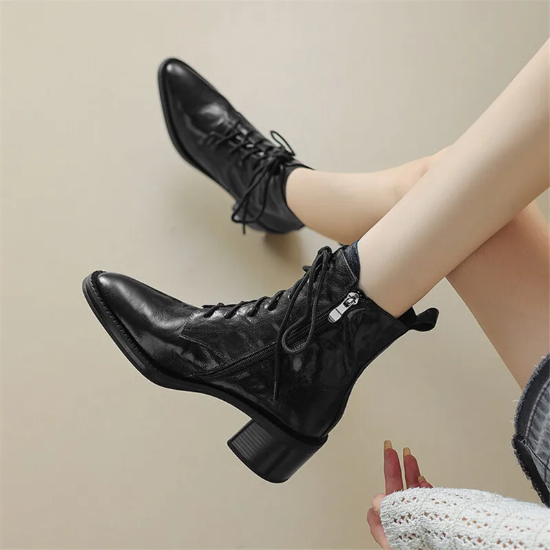 

New Autumn Winter Sheep Leather Women Boots Pointed Toe Boots for Women Fashion High Heel Lace Short Boot Handmade Work Boots
