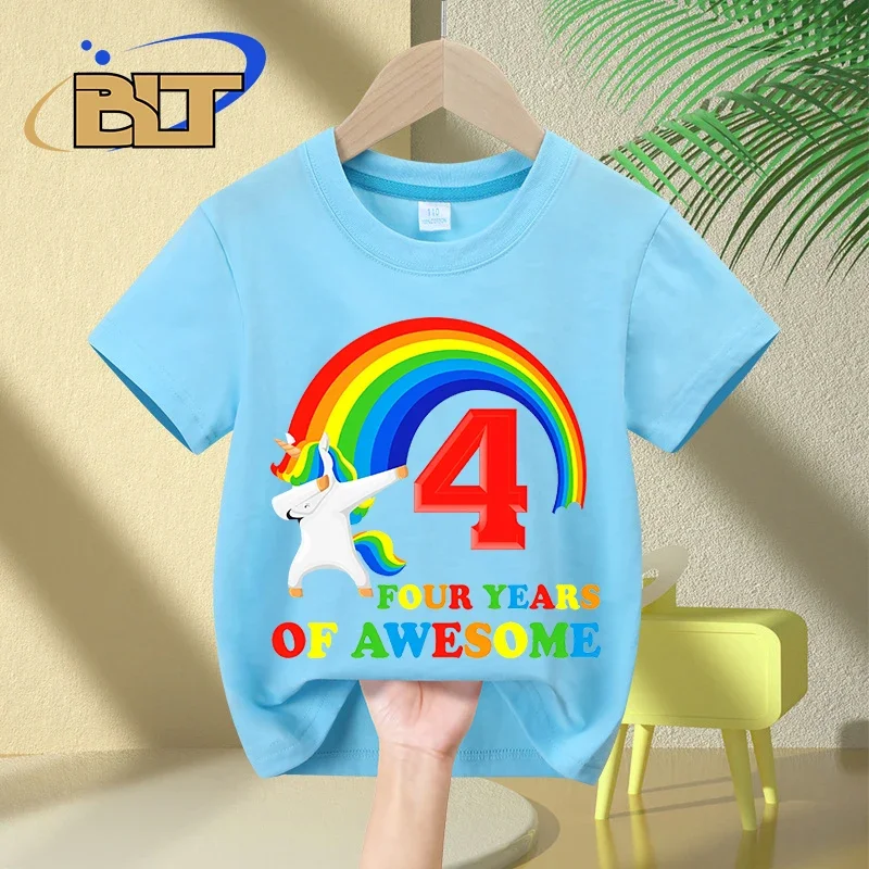 子供のユニコーン塗装Tシャツ、夏の綿の半袖カジュアルトップ、4歳の誕生日プレゼント