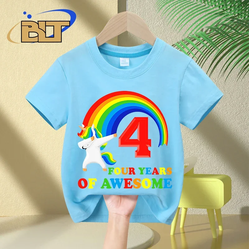 Camiseta infantil pintada com unicórnio, blusa casual de algodão de manga curta, presente do 4 ° aniversário