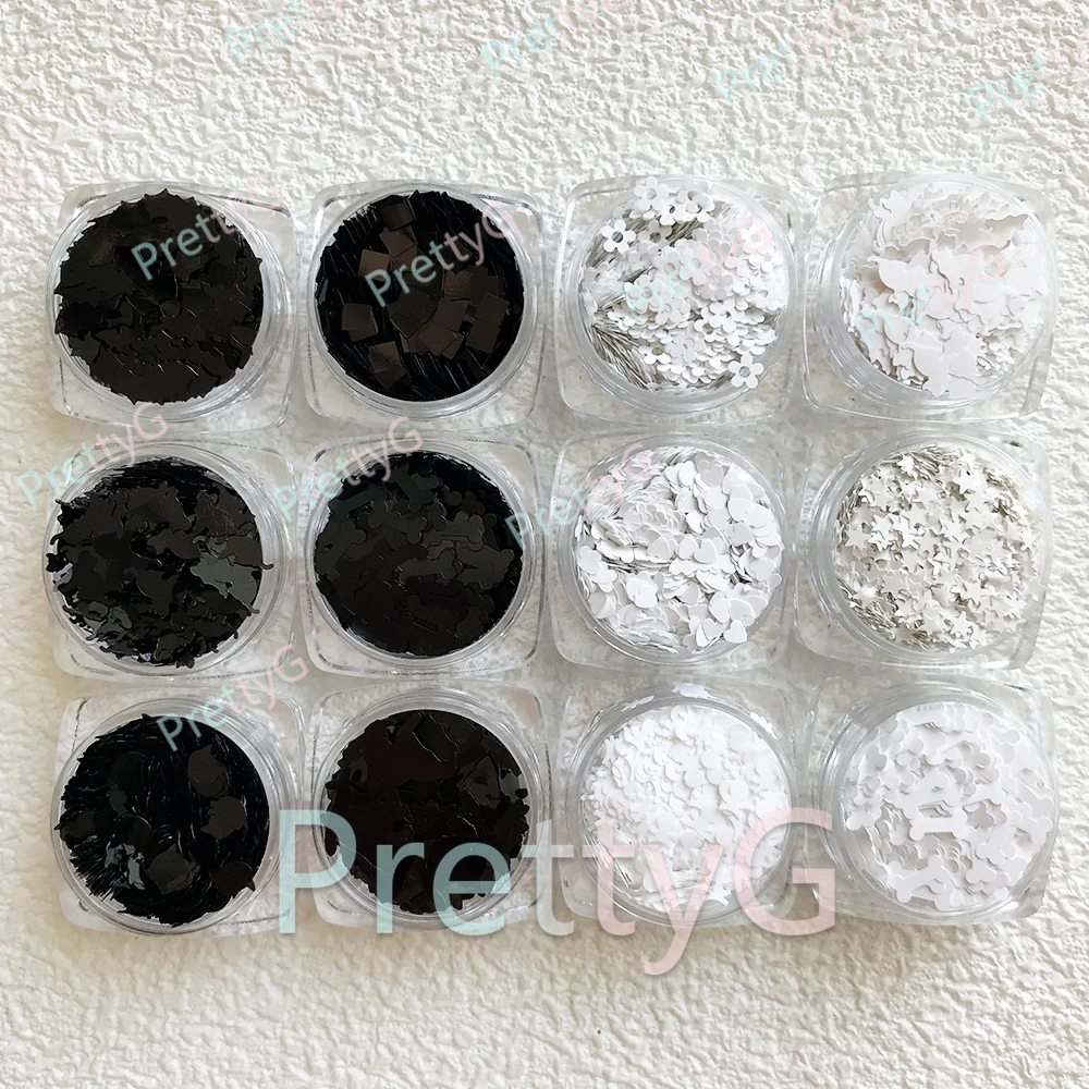 PrettyG 12 Colors Set Halloween Glitter Shape Skeleton Bat Cat Bone Witch Hat Glitter Sequins For DIY Gel Nail Art Decoration