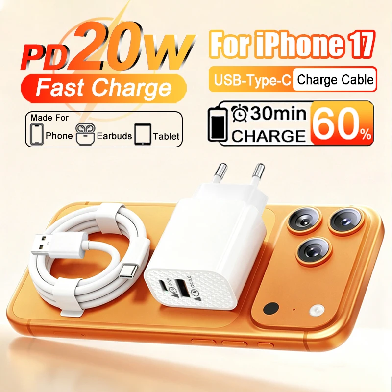 Original PD 20W USB Fast Charger For iPhone 15 16 17 Pro Max Wall Charger USB C Plug Fast Charging Data Cable Phone Accessories