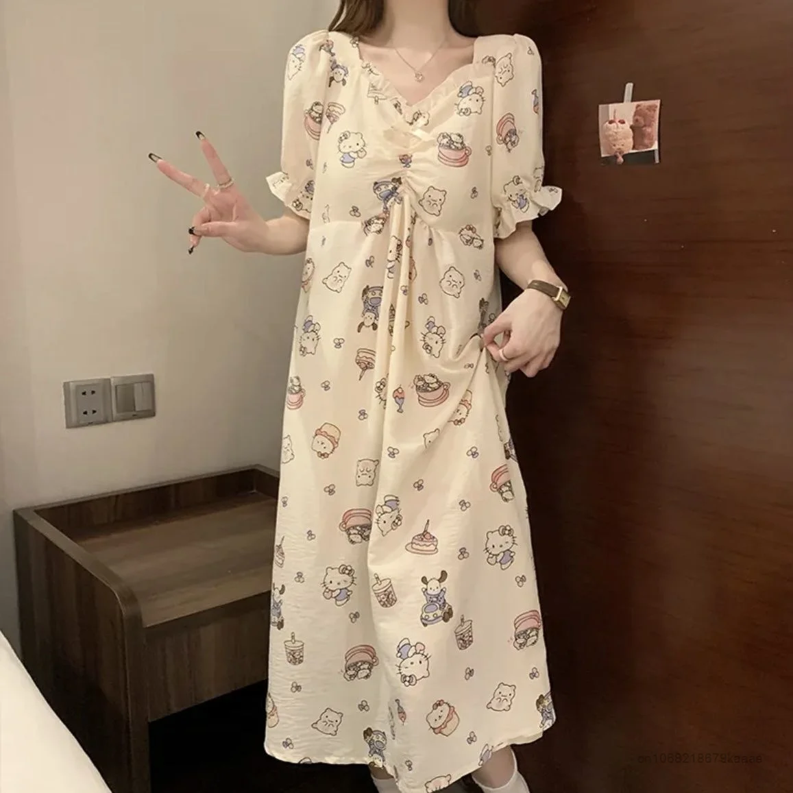 Sanrio Hello Kitty Cute Sweet Home Clothes Y2k Summer Cartoon Short Sleeve Nightdress Women Korean Style Loose Pajamas Dress Set