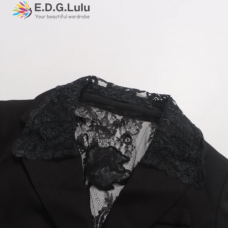 EDGLuLu 2025 جديد مثير عارية الذراعين جوفاء الدانتيل الربط بدلة سوداء سترة بدوره إلى أسفل طوق بأكمام طويلة مكتب سيدة السترة 1028