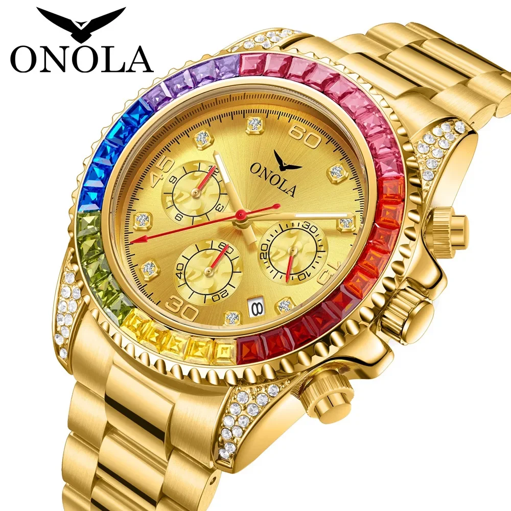 NOVO TOP Business Gold Quartz Watch Masculino ONOLA Diamante Colorido Aço Inoxidável com Relógio Masculino À Prova D 'Água