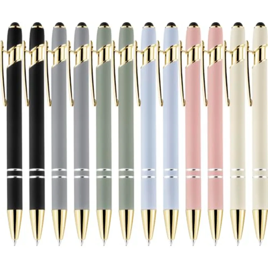 

12 Pack Morandi Gold Ballpoint Pen with Stylus Tip, 1.0 mm Black Ink Smooth Writing Pens, Metal Stylus Pens for Touch Screens