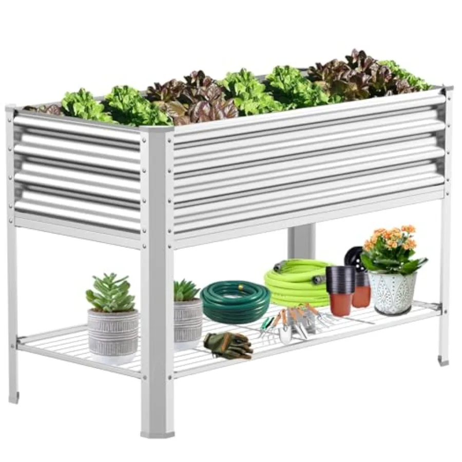 

Raised Garden Bed with Legs 48×24×32 Inch Galvanized Metal Planter Box with Storage Shelf and Drainage Holes for Balcony Backya