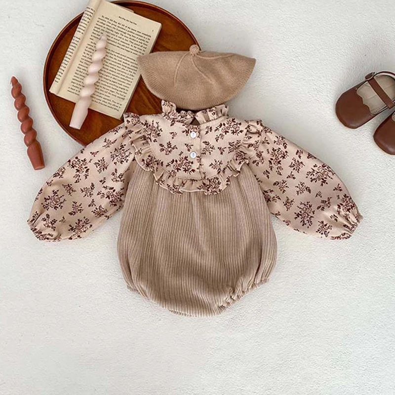 2024 New Autumn 0-24M Baby Clothing Toddler Baby Girl Romper Long Sleeved Corduroy Print Splicing Infant Baby Girls Jumpsuit