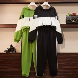 150Kg Plus Size Women's Spring Autumn Loose Two-Piece Bust 149 Striped Sweatshirt Pants Casual Suit Black Green 6XL 7XL 8XL 9XL