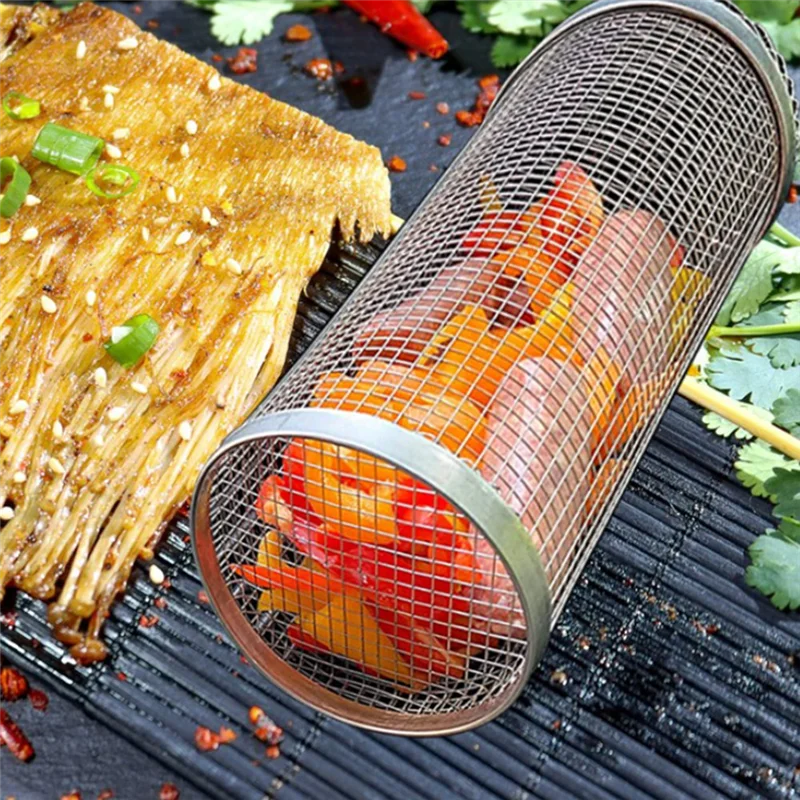 Barbecue Basket Stainless Steel Grill Outdoor BBQ Basket Grate with Hook and Fork Travel Camping Picnic Cookware