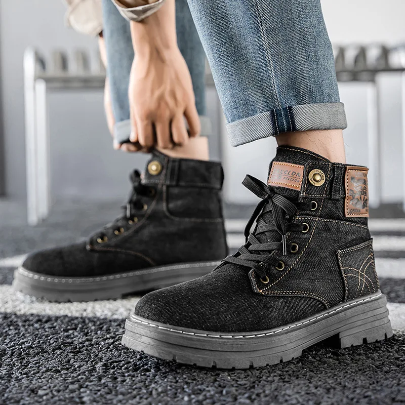

Plus Size Men Ankle Boots Fashion Denim High Top Male Sneakers Comfortable Lace Up Thick Bottom Motorcycle Winter Boat Man Shoes