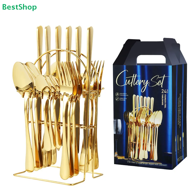 〔R〕24-Piece Stainless Steel Cutlery Set Knife Spoon And Fork Gift Box Free Shelf Gold Silver Dinnerware Set Utensils