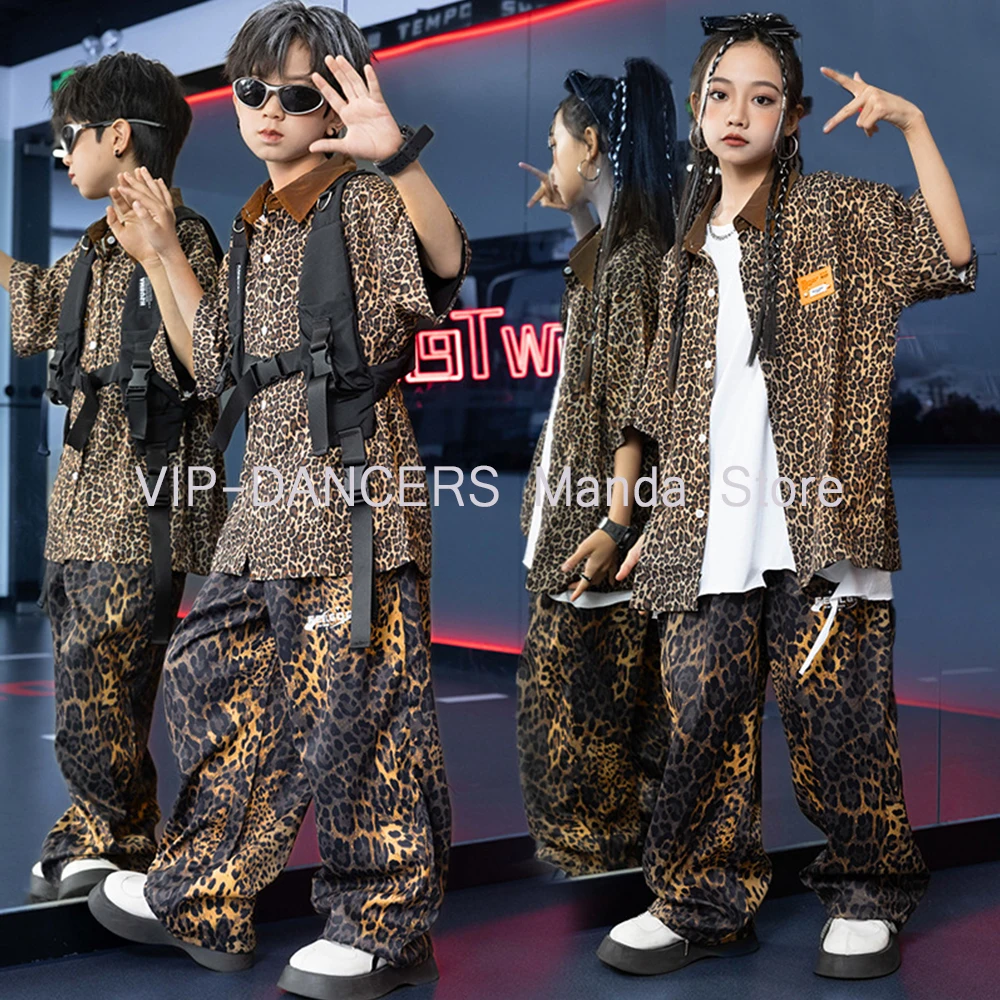 Crianças Jazz Dance Costume, Hip Pop, Kpop, Stage Outfit, Meninos, Street Dance Set, Leopardo, Calças, Branco T-Shirt, VDL693