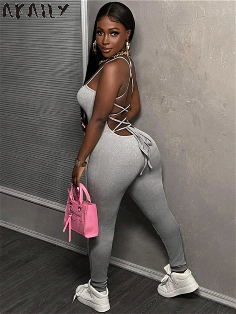 

Akaily Summer Trend Gray Sexy Backless Bandage Jumpsuit Casual Sporty For Women 2024 Sleeveless Skinny Stretch Fitness Overalls