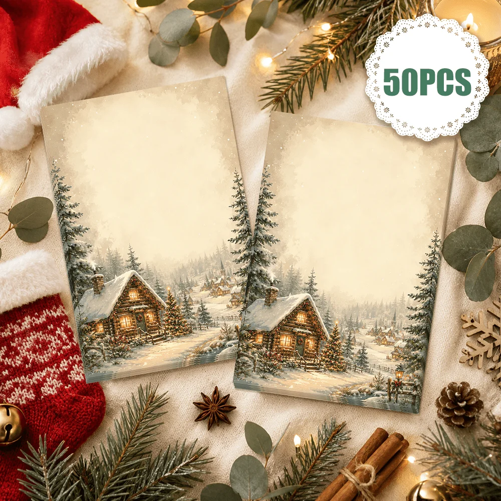 50 Sheets,  Christmas Cottage-themed Writing Paper, Lined, Glue-free, Very Suitable For Notebooks, Memos, And Stickers