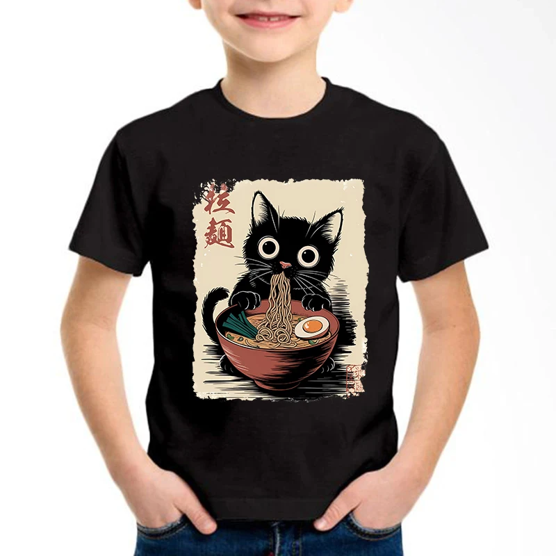 

Japanese Style Ramen Cat Design T Shirts Manga Kids Children's T-shirt Boys Girls Summer Spring Casual Top Tee