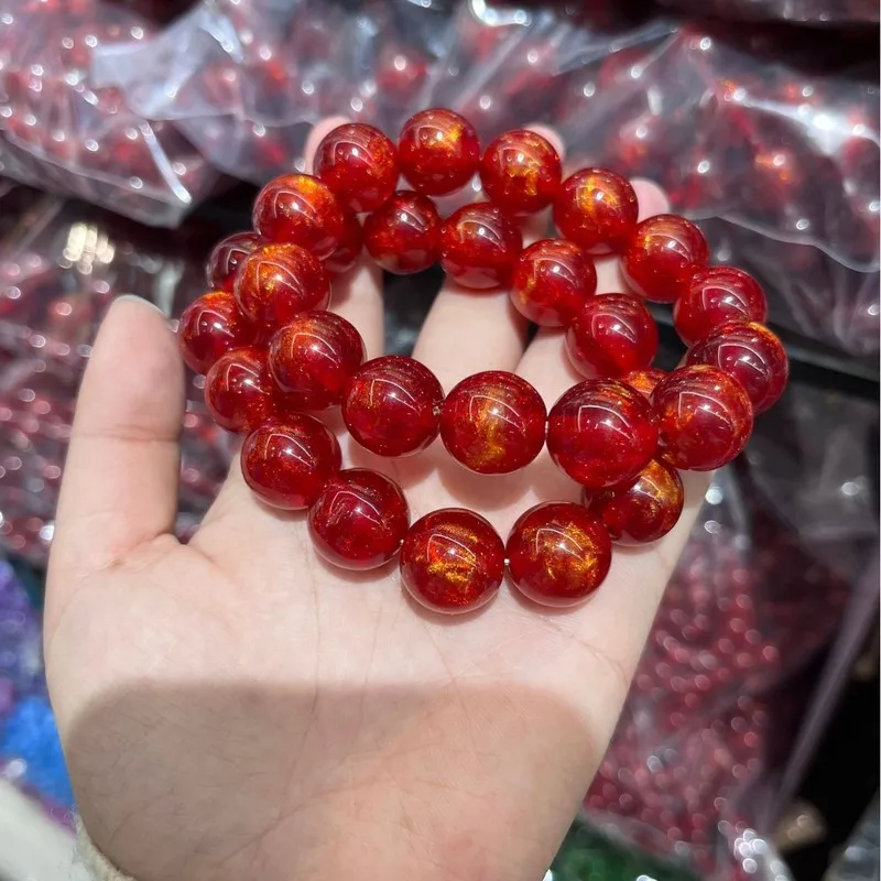 New model of translucent mushroom bead bracelet in Chinese red with golden thread, unisex single-loop cultural accessory