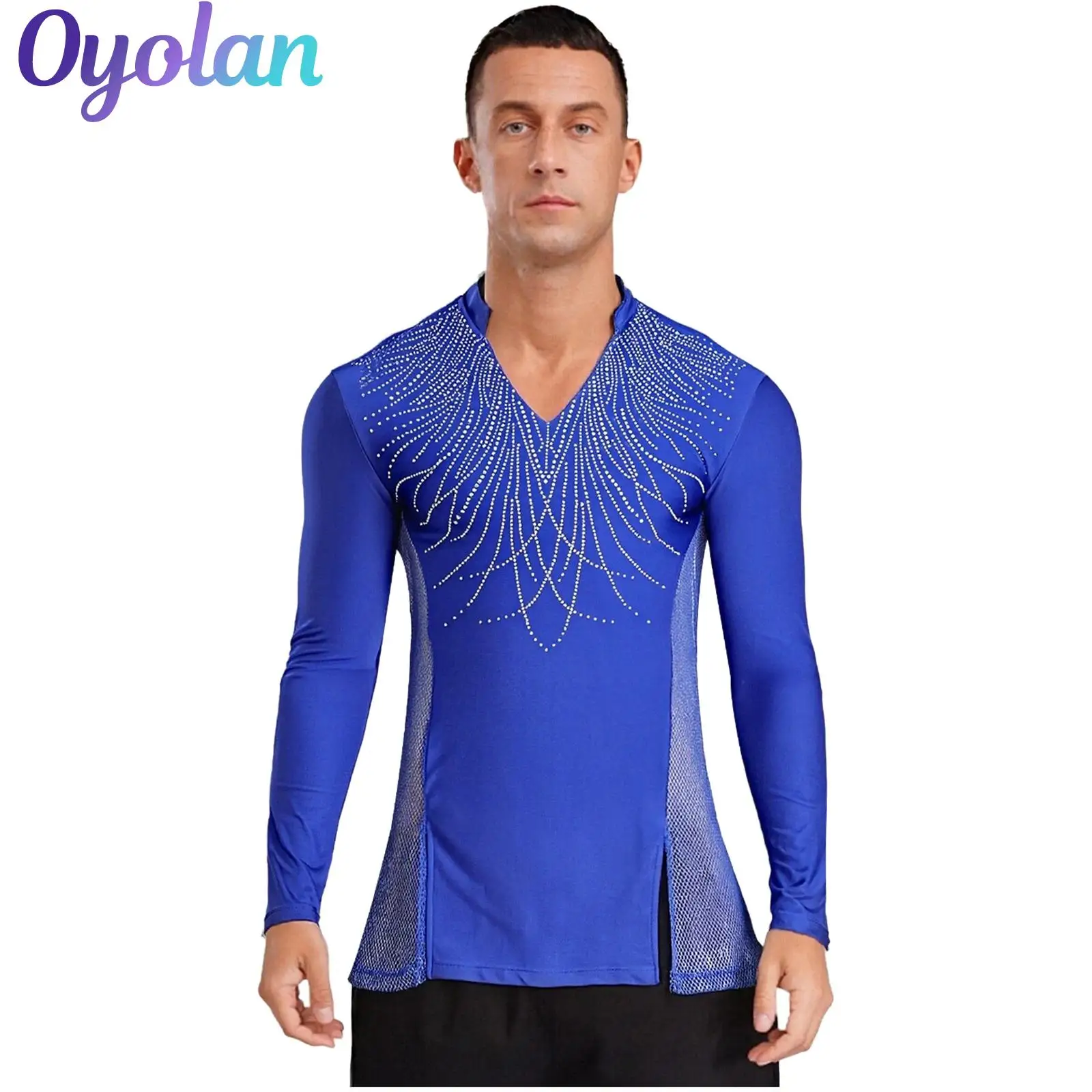 

Mens Glittery Rhinestones Gymnastics Latin Ballet Ballroom Dance Top Split T-shirt Top Chacha Tango Dance Performance Costume
