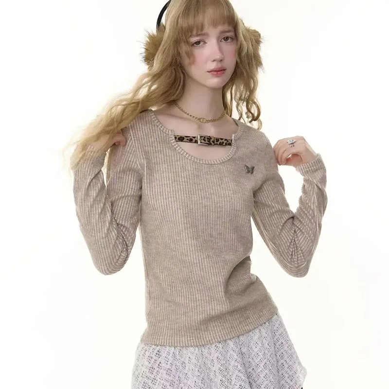 

Винтажная уличная футболка женская осень-зима облегающие футболки с длинными рукавами и леопардовой пряжкой в стиле пэчворк Harajuku нижние топы