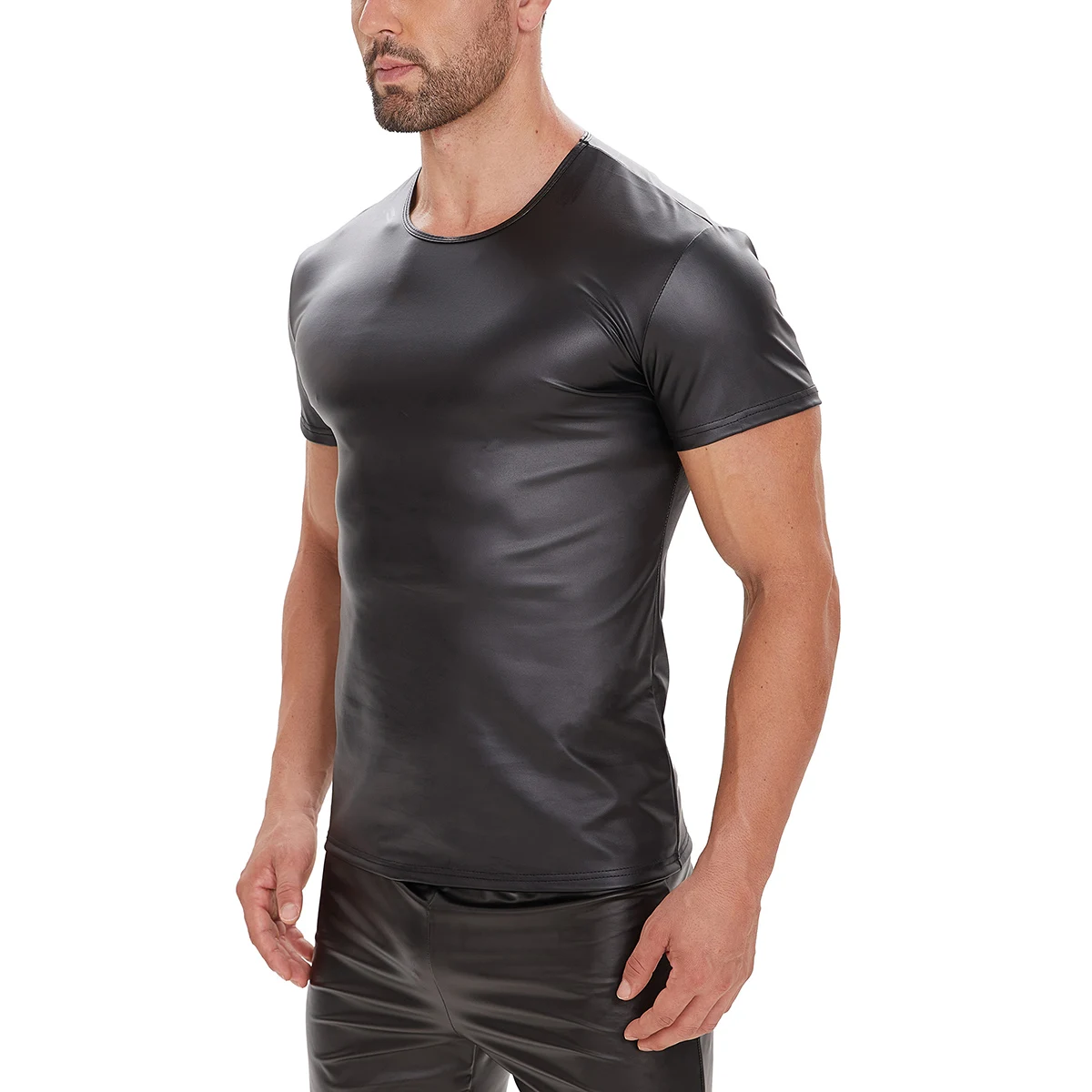 Plus Size Mens Shiny Leather T-shirt Short Sleeve Soft Matte Leather Tees Male High Elastic O-neck Shaping Vest Sexi