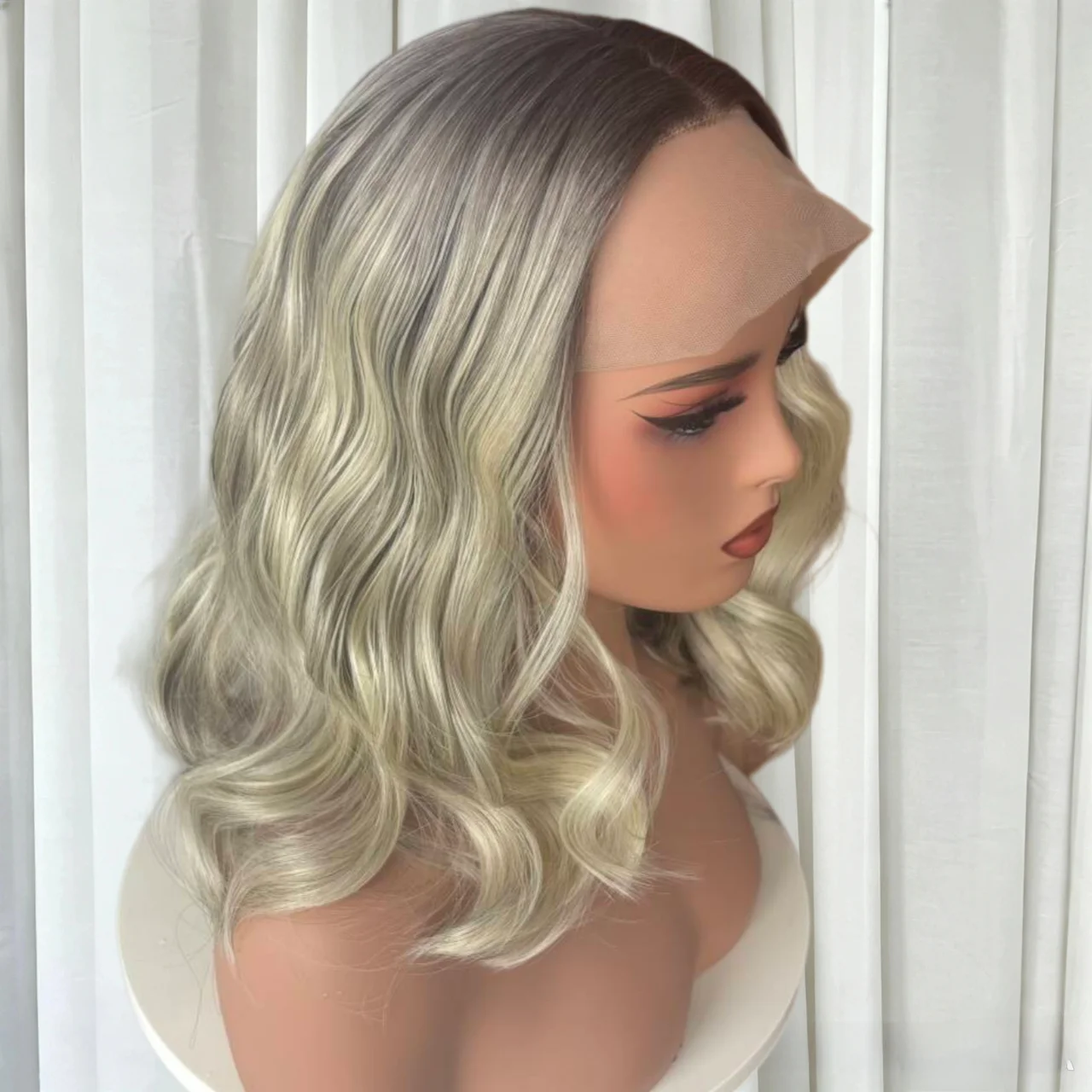 14 Inches Short Wave Bob Ombre Ash Blonde Streaks Synthetic Lace Front Wig Preplucked Hairline High Heat Resistant Fiber Hair