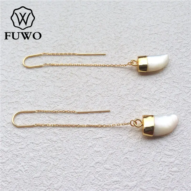 FUWO Wholesale Natural Freshwater Pearl Threader Earrings With Golden Plated Shell Horn Jewelry Gift For Women 5Pairs/Lot ER537