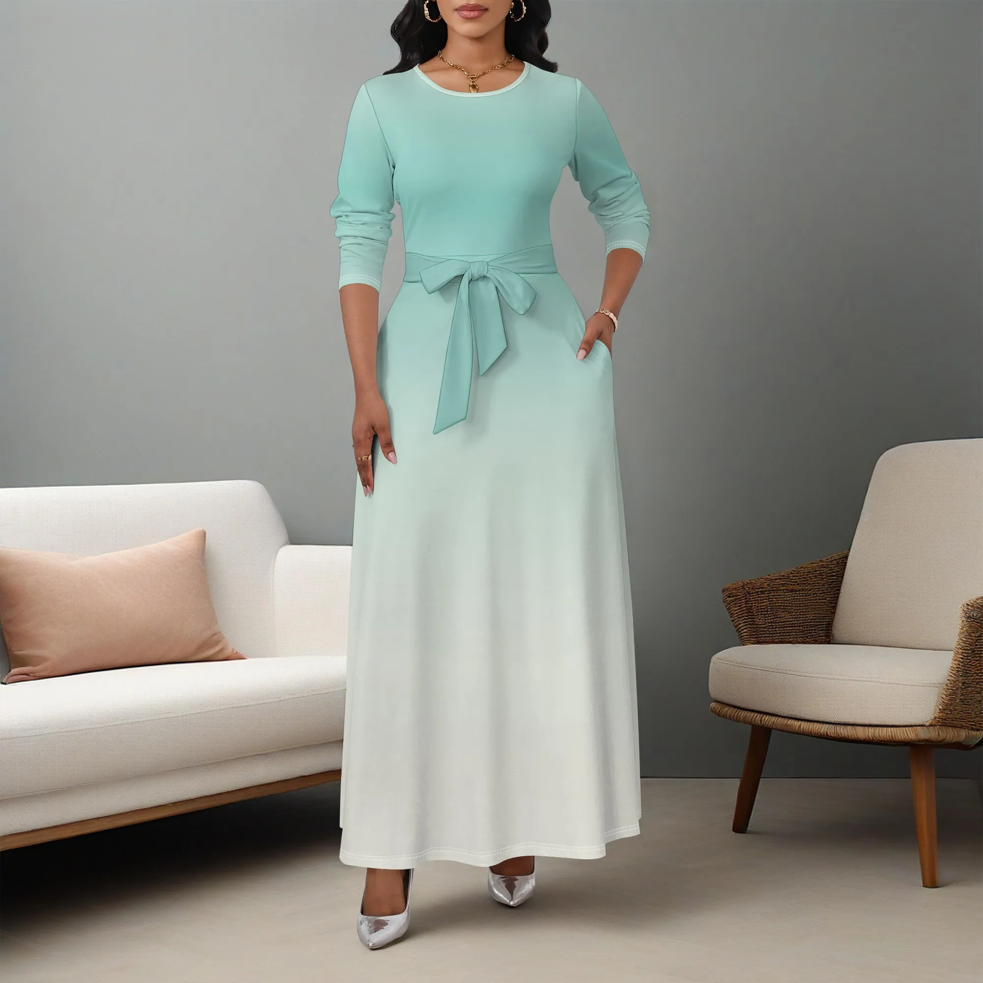 

Women's Elegant Empire Waist Long Sleeve Maxi Dresses A-line Swing Ruffle Dress Cocktail Party Sundress with Belt