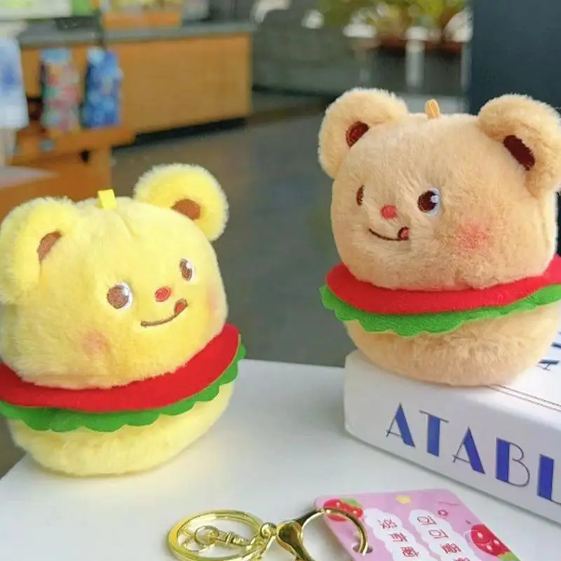 Cute Bear Keychain Funny Cartoon Plushie Stuffed Hamburger Bear Purse Pendant Keyring Stuffed Animal Plush Keychain for Kids