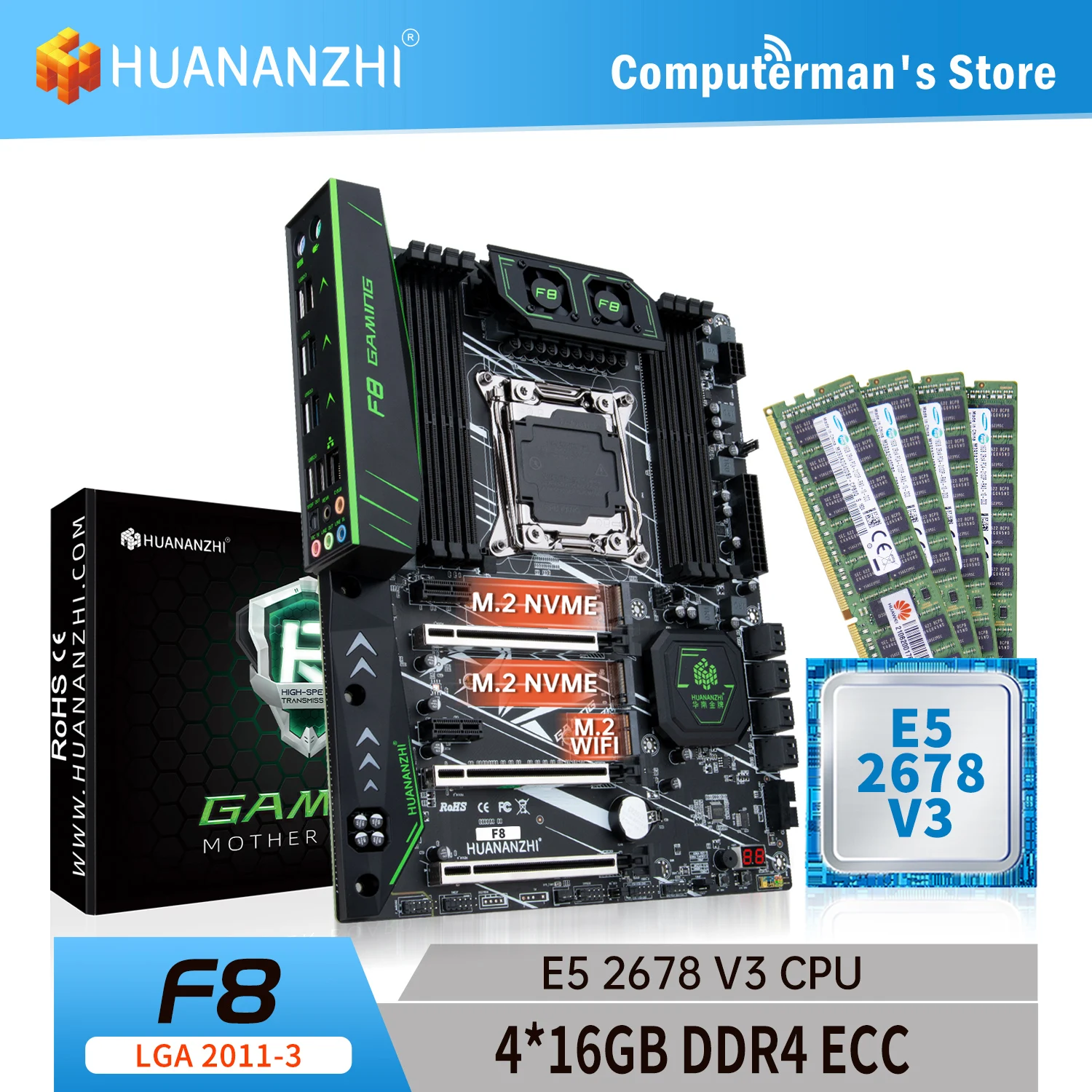 Huananzhi f8 lga 2011-3 conjunto de kit de combinação placa-mãe cpu intel xeon e5 2678 v3 memória 4*16g ddr4 ecc 2133 memória m.2 nvme usb atx