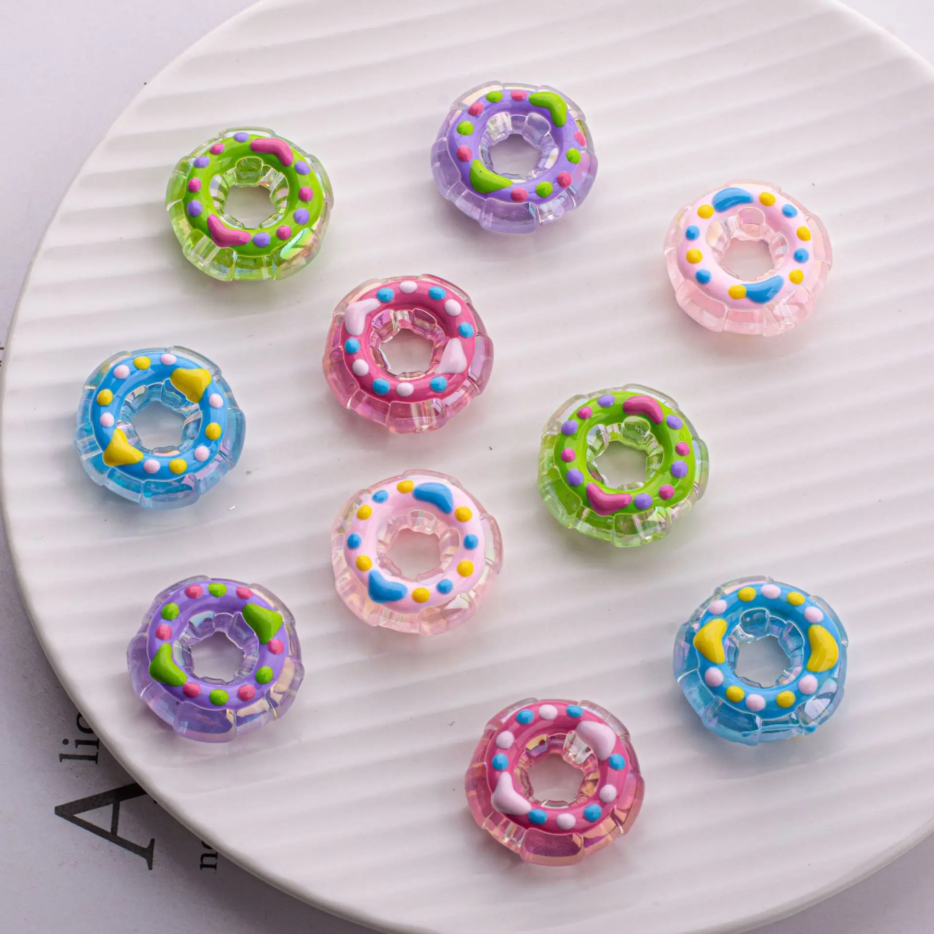 Jewelry Findings 50pcs 24mm Transparent Colorful Style Food Donut Bread Shape Ornament Accessory Acrylic Beads Necklace DIY